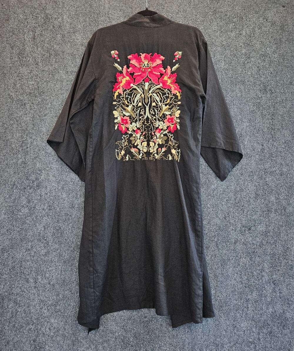 La Troupe Black Linen Embroidered Floral Kimono Duster Jacket Boho Size 2